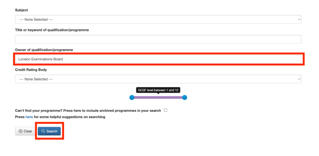 SCQF Database Search